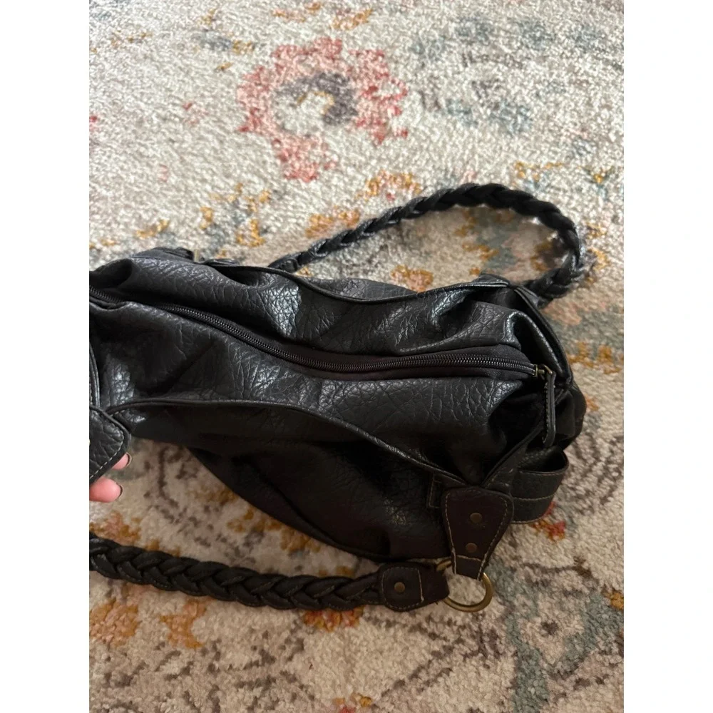 Black Faux Leather Hobo Bag Braided Straps Gold Buckle Slouchy Shoulder Purse